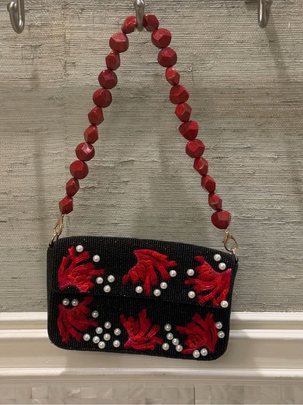 New Beaded shoulder Bag black with red coral white stone handle purse embroidery